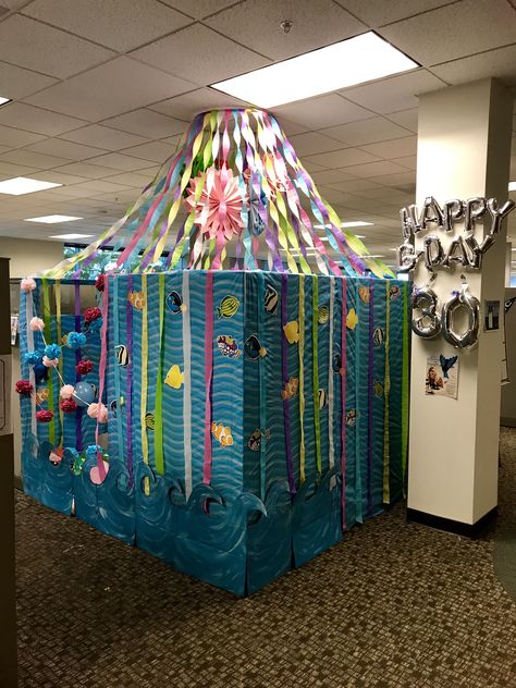 Birthday cubicle decorations - under the sea/ocean lover theme.  "Seas The Big Day" Under The Sea Office Decor, Bay Decoration Themes Office, Under The Sea Cubicle Decorations, Office Cube Decorating Ideas, Diy Underwater Decorations Sea Theme, Birthday Cubicle Decorations, Cubical Birthday Decorations Cubicles, Bay Decoration, Cubicle Birthday Decorations