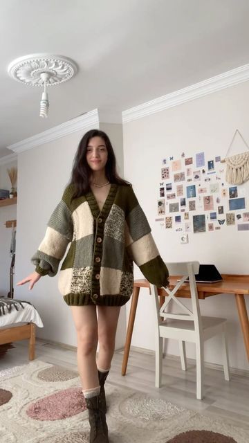 Big Cardigan Outfit, Knit Patchwork Cardigan, Brown Crochet Cardigan, Crochet Patchwork Cardigan, Crochet Shrug Cardigan, Crochet Cardigan Outfit, Cottagecore Cardigan, Sweater Outfits Fall, Patchwork Sweater