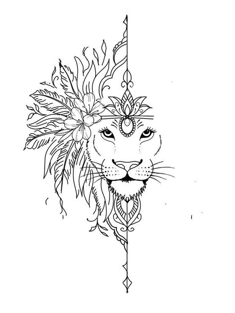 Lion Dream Catcher Tattoo, Lioness Thigh Tattoo For Women, Lion Hip Tattoos Women, Lion Mandala Tattoo Design, Female Lion Tattoo Design, Lion Tattoo Design Feminine, Tattoo Stencils Outline For Women, Tattoo Stencils Outline, Lioness Tattoo Design