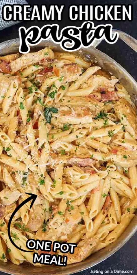 Creamy chicken pasta takes only 20 minutes for the best skillet dinner. Skip takeout and make this creamy dish in less time! Skillet Pasta Recipes, Chicken Breast Pasta, Bacon Pasta Recipes, Easy Veggie Side Dish, Creamy Chicken Pasta Recipes, Easy Pasta Dinner Recipes, Cheesy Chicken Pasta, Easy Skillet Chicken, Chicken Bacon Pasta