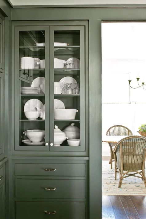 Green Kitchen Walls, Built In China Cabinet, Southern Farmhouse, Farmhouse Cabinets, Glass Front Cabinets, New Kitchen Cabinets, Bonus Rooms, House With Porch, Built In Bookcase