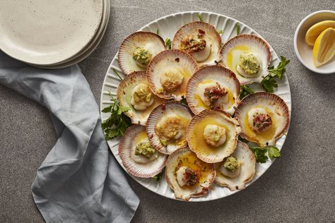 Baked Scallops In The Half Shell Three Ways — Farm to Fork Scallops In Shell, Frozen Scallops, How To Cook Scallops, Farm To Fork, Baked Scallops, Eating Well Recipes, Garlic Herb Butter, Healthiest Seafood, Stuffed Shells Recipe