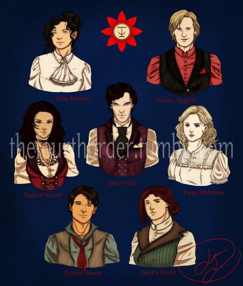 The Seven Seals: Eliza Renton, Nicklas Nygård, Nadine Arnett, Jaxon Hall, Paige Mahoney, Ezekiel Sáenz and Danica Panić, by Leiana Leatutufu (www.thefourthorder.tumblr.com) The Bone Season Fan Art, The Bone Season, The Seven Seals, Samantha Shannon, Seven Seals, Bookish Art, Watch Drawing, Fantasy Reads, Drawing Sheet