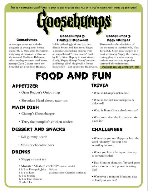 Goosebumps Dinner And A Movie, Goosebumps Movie Night Food, Movies With Food Themes, Disney Movie Night Menu Halloween, Family Themed Movie Nights, Halloween Movie Food And Fun, Gremlins Movie Night Food, Goosebumps Themed Food, Halloween Themed Movie Night Ideas