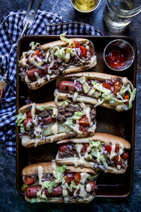 Loaded Cheeseburger Hot Dogs - Climbing Grier Mountain Recipes With Hot Dogs, Dishes To Make, Cheddar Cheese Sauce, Recipes To Cook, Football Party Food, Holiday Eating, Football Food, Pool Bar, Popular Recipes