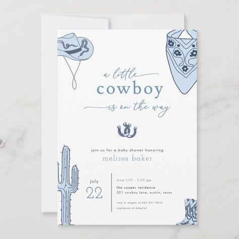 Western Blue Little Cowboy Baby Shower Invitation Zazzle Cowboy Baby Shower Theme, Rodeo Baby Shower, Cowboy Baby Shower Invitations, Cowboy Invitations, Rodeo Baby, Cowboy Nursery, Blue Baby Shower Invitations, Cowboy Baby Shower, Cowboy Baby