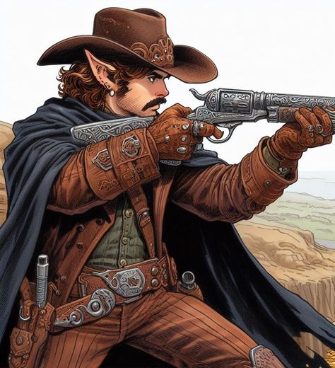 Gnome Paladin Male, D&d Gunslinger, Aasimar Gunslinger, Dnd Gunslinger Art, Dnd Cowboy Character Art, Halfling Gunslinger, Cowboy Dnd Character, Pathfinder Gunslinger, Medieval Cowboy