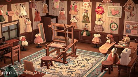 Acnh Hhp Sewing Room, Sewing Room Acnh, Animal Crossing Sewing Room, Acnh Sewing Room, Acnh Sewing Area, Acnh Craft Room, Acnh Scenery, Acnh Interior, Cottagecore Interior