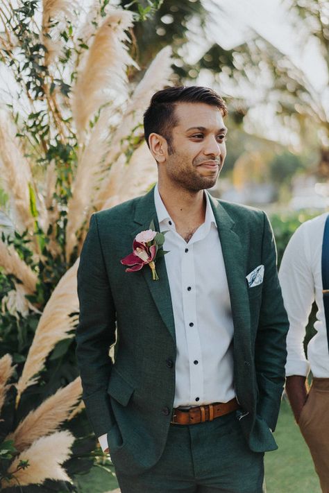 This stylish Bali destination wedding has the dreamiest tropical reception - 100 Layer Cake Boho Wedding Attire, Tropical Reception, Casual Wedding Suit, Linen Wedding Suit, Beach Wedding Groom, Green Wedding Suit, Wedding Groomsmen Attire, Casual Grooms, Mens Wedding Attire