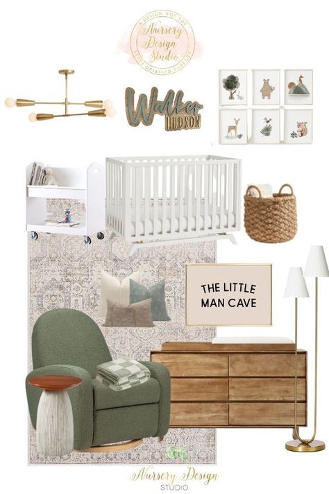 A beautiful modern nursery with the perfect blend of green, brown and creams Sage Green And Brown Nursery, Nursery Mood Board Boy, Baby Boy Sage Green Nursery, Olive Green Nursery Boy, Sage Green Boy Nursery, Baby Boy Nursery Green, Olive Green Nursery, Green Nursery Neutral, Green Boy Nursery