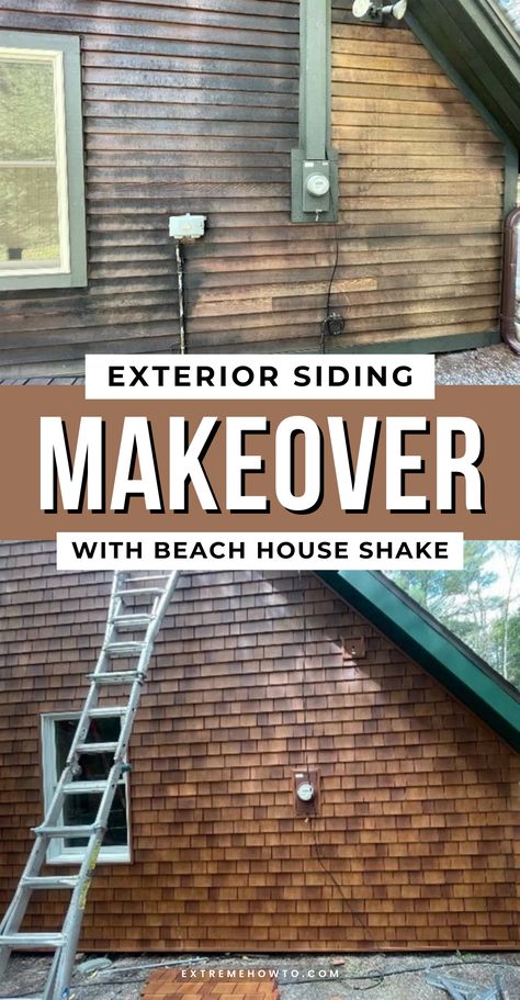 “We started in February with replacement windows and new sliding doors,” said Choiniere. “Then it was time to deal with the original cedar shake siding, which had rotted, mildewed, and turned dark over the years.” See the vacation home transformation and get more home exterior makeovers, home improvement projects, curb appeal, casa exterior inspiration, and exterior makeover ideas at extremehowto.com! Composite Siding Exterior, Shake Siding House, Cedar Siding Exterior, Hardie Shingle Siding, Outdoor Curb Appeal, Cedar Shake Siding, Blue Siding, Cedar Shake, Shake Siding