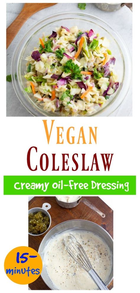 This vegan coleslaw makes a perfect side dish option for cookouts and potlucks and can be ready in less than 15-minutes. The healthy oil-free dressing is what really sets this recipe apart. #coleslaw #vegancoleslaw #healthycoleslaw #plantbasedcoleslaw #wfpbslaw Vegan Picnic, Healthy Coleslaw, Vegan Coleslaw, Vegan Oil Free, Vegan Salad Dressing, Healthy Oil, Coleslaw Dressing, Creamy Coleslaw, Vegan Side Dishes