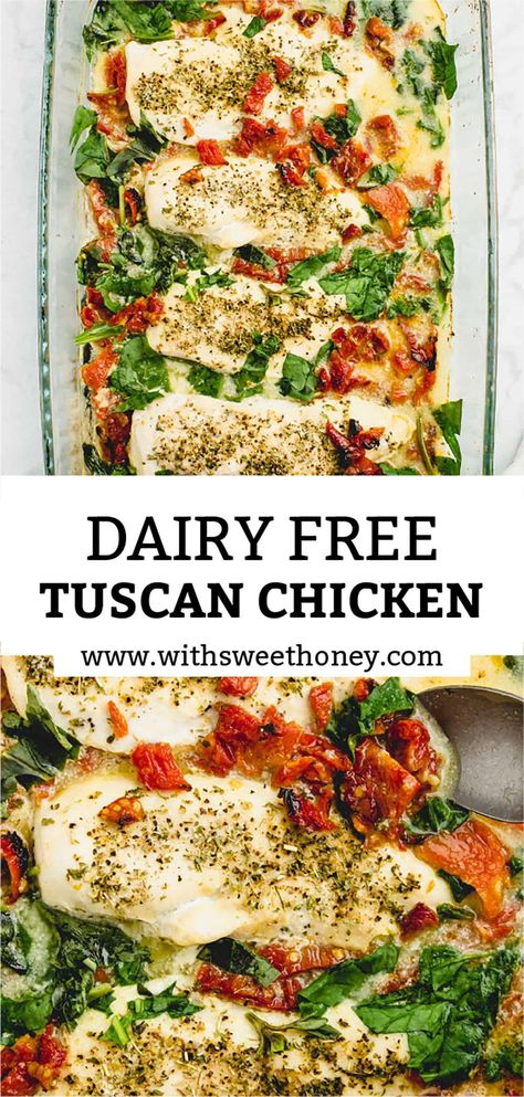 The boneless chicken breasts are baked in a creamy dairy free sauce with sun-dried tomatoes, basil and spinach. This is healthy comfort food to the max! This tuscan chicken dish is also dairy free, paleo, Whole30 and SCD friendly. Non Meat Dinners Healthy, Cheap Healthy Meals Dairy Free, Dairy Free Chicken Florentine, Low Carb Dairy Free Recipes Dinners, Almond Milk Chicken Recipes, Low Carb Chicken Recipes Dairy Free, Gut Friendly Chicken Recipes, Dairy Free Shredded Chicken Recipes, Alpha Gal Recipes Dairy Free