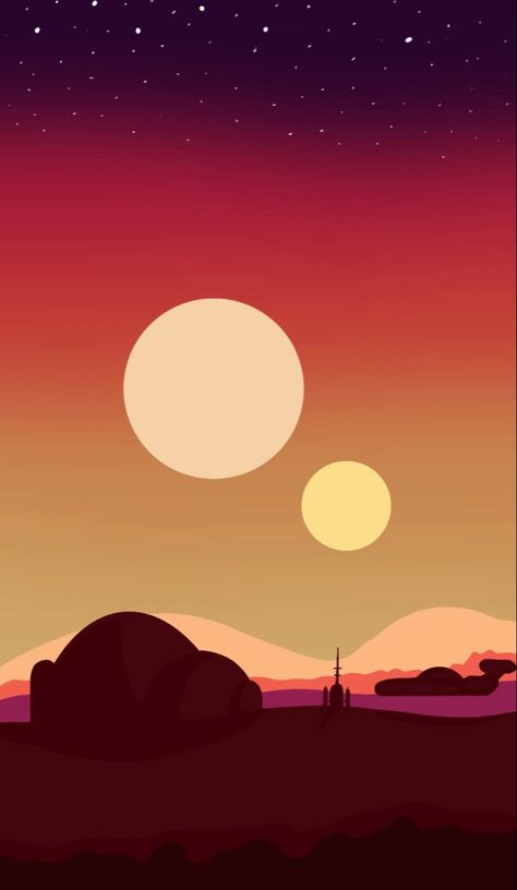 Tattooine Sunset Wallpaper, Tattooine Star Wars Art, Tatooine Mural, Starwars Drawing Ideas Easy, Star Wars Illustration Minimalist, Tatooine Drawing, Tattooine Star Wars Aesthetic, Tatooine Painting, Star Wars Tatooine Wallpaper