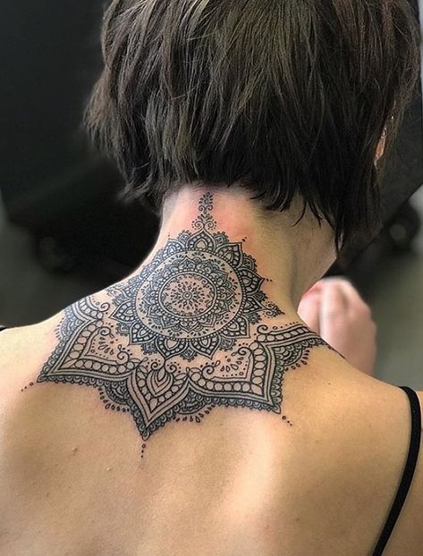 Mandala Tattoo Designs, Nape Tattoo, Flower Spine Tattoos, Tato Minimal, Throat Tattoo, Neck Tattoos Women, Back Of Neck Tattoo, Petite Tattoos, Spine Tattoos For Women