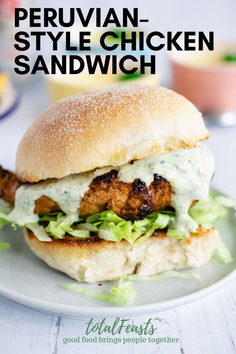 An amazing moist healthy chicken sandwich recipe, with subtle spices and a cool cilantro lime sauce, drizzled over the top. The Peruvian-style Chicken sandwich is a winner on any table. via totalfeasts.com #healthy #chickensandwich #grilledchicken #peruvian Healthy Chicken Sandwich, Healthy Chicken Sandwich Recipes, Baked Chicken Strips, Steak Dinner Sides, Boiled Chicken Recipes, Peruvian Chicken, Chicken Sandwich Recipe, Peruvian Style, Chicken Burgers Recipe