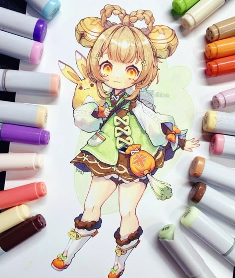 Yaoyao Fanart, Genshin Yaoyao, Copic Drawings, Cute Dog Drawing, Markers Drawing Ideas, Copic Marker Art, Copic Art, Anime Drawing Books, Different Art Styles