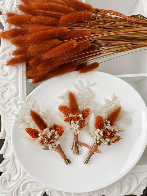 Rust Terracotta Wedding, Grooms Boutonniere, Orange Wedding Flowers, Terracotta Wedding, Mini Bouquet, Wedding Boutonniere, Wedding Shower Decorations, Wedding Colour, Hippie Wedding