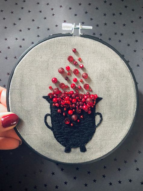 Sanguine Gothic Witch Cauldron Halloween Embroidered Art. Beaded Hand Embroidery, Cute Halloween Embroidery, Witch Sewing Projects, Embroidery Halloween Designs, Halloween Embroidery Patterns Free, Goth Sewing Projects, Witch Embroidery Ideas, Vampire Embroidery, Cauldron Embroidery