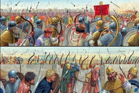 Artistic representation of the opposing sides at Adrianople, top are the Romans and the bottom are the Goths, by Giuseppe Rava. ~Arbeia Battle Of Adrianople, Hannibal Barca, Eastern Roman, Byzantine Empire, Roman Soldiers, The Romans, Roman History, Alternate History, Ancient Rome