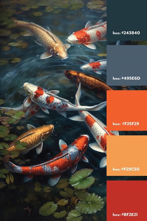 A blue grey and orange color palette from a photo of koi fish in a pond. Koi Fish In A Pond, Fish In A Pond, Koi Fish Colors, Orange Color Palette, Graphic Design School, Koi Art, Orange Color Palettes, Japanese Fish, Grey And Orange