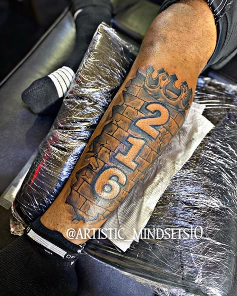 Brick Tattoo For Men Arm, Brick Tattoos Ideas, Full Sleeve Tattoos Drawings, Area Code Tattoo Ideas, Brick By Brick Tattoo, Half Sleeve Leg Tattoo Men, California Tattoo Men, Mens Bicep Tattoo Ideas, Brick Tattoo For Men