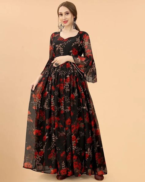 Indian Women Designer Georgette Floral Printed New Gown Dress with Bell Sleeves | eBay Gowns Dresses Indian, Black Pakistani Dress, Indian Dresses Online, Style Kurti, Kurti Dress, Dresses By Pattern, Irish Dancing Dresses, Dress With Bell Sleeves, Afghan Clothes