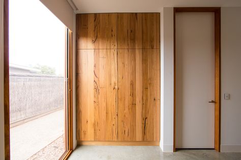 Solid timber wardrobe doors and inbuilt cabinetry. The recycled Messmate timber used to create this inbuilt obe is a lovely mid tone brown with lots of character  - Bombora Custom Furniture. Made in Torquay, Australia. International shipping available Timber Wardrobe Doors, Inbuilt Wardrobe Ideas, Inbuilt Wardrobe, Timber Wardrobe, Timber Island, Timber Cabinetry, Torquay Australia, Timber Kitchens, Mudroom Cabinetry