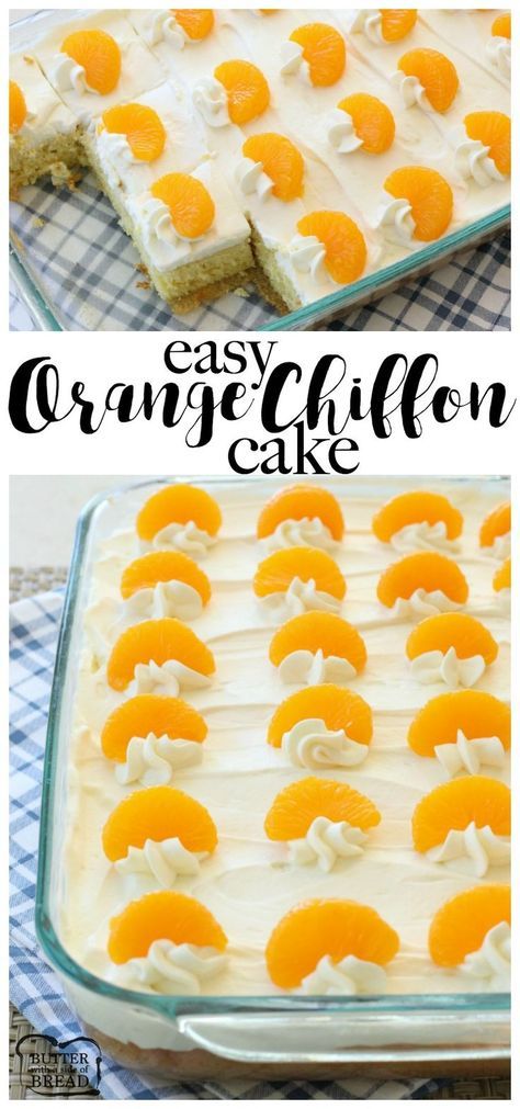 Orange Chiffon Cake is a light, delicate and perfectly sweet citrus cake that’s incredibly easy to make! I adapted this version to bake in a 9×13, making it MUCH easier to bake and serve. Topped with sweet citrus stabilized whipped cream and orange slices, it’s perfect for family gatherings and parties! Orange Chiffon Cake - Butter With A Side of Bread Cake 9x13, Orange Chiffon Cake, Cake Sponge, Citrus Cake, Orange Chiffon, Salty Cake, Sweet Citrus, Cake Mix Recipes, Chiffon Cake