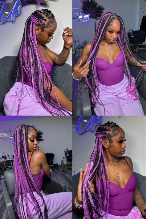 Color Ideas For Box Braids, Colored Protective Hairstyles, Purple Lemonade Braids, 2 Toned Braids, Orange And Blue Braids, Cute Color Braids, Small Box Braids Hairstyles With Color, Cute Color Hair Ideas, Purple And Black Braids Hairstyles