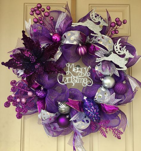 A customized, purple Christmas wreath for a happy, frequent customer of El Paso. ❤️ Purchase here: https://www.etsy.com/listing/478245842/purple-christmas-wreath-with-velvet Purple And Silver Christmas Wreath, Purple Christmas Wreaths, Purple And Silver Christmas, Purple Wreaths, Purple Christmas Tree Decorations, Purple Christmas Wreath, Silver Christmas Wreath, Purple Christmas Decorations, Black Christmas Decorations