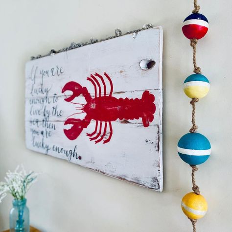 Cherie Herne (@mainesaltygirl) • Instagram photos and videos Beach Themed Wall Art, Distressed White Wood, Driftwood Signs, Lobster Art, Accent Shelf, White Wood Wall, Nautical Crafts, Vbs 2024, Driftwood Projects