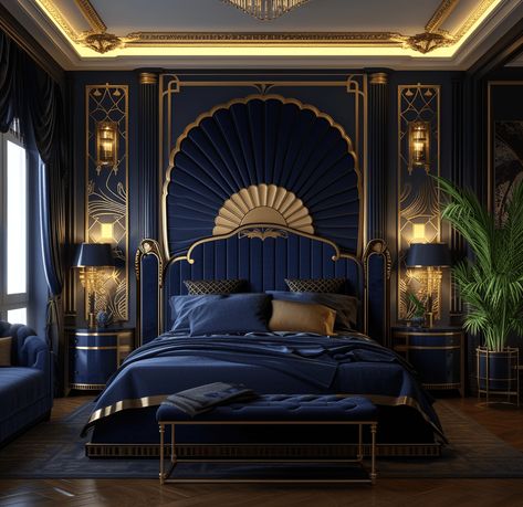 Art Deco Wall Colors, Modern Art Deco Interior Bedroom, Art Deco Bedroom Design, Art Deco Walls, Art Deco Interior Bedroom, Blue Curtains Bedroom, Assignment Design, Art Nouveau Bedroom, Art Deco Bedroom Furniture