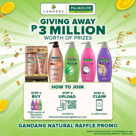 Landers – WIN ₱3 Million Worth of Cash Prizes at Palmolive’s Gandang Natural Raffle Promo Cash Prize Poster Design, Raffle Promo, Cash Prize, Raffle Tickets, Social Media Pages, Dish Soap Bottle, Social Media