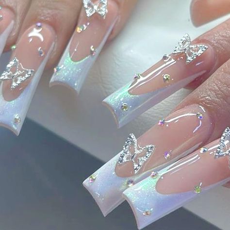 PRICES MAY VARY. 💕【Press on nails long product】this false nails with designs made of good acrylic ABS material, firm and not fragile or break or fade, more glossy, wouldn't hurt your nails,Softness is similar to human nails. 💕【Long fake nails pack】24 pcs-12 Sizes long nails, false nails with glue 1 stick , 1 nail file,, 1 sheet jelly glue. 1 Cleaning Cloths,1 wooden stick.please note:durability of jelly glue is not as good as liquid glue, but it makes false nails Reusable，Please use suitable g Fake Nails White, White French Tip, Butterfly Nail Art, Nails For Women, Butterfly Nail, Stick On Nails, Nail Art Hacks, Rhinestone Designs, Nails Inspo