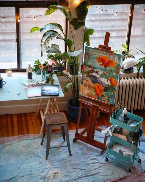 to go into the world : the artwork of mae chevrette: new studio tour and some thoughts Art Room Flooring, Ikea Artist Studio, Easel In Bedroom, Mae Chevrette, Artist Corner, Ikea Cart, Small Art Studio, Painting Station, Art Studio Space