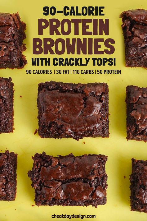 As a brownie lover, I can assure you that these are the last protein brownies you will ever need. They are dense, chewy, and they even have those beautiful crackly tops you want on a brownie! Each brownie is just 90 calories with 5 grams of protein, making this a treat you can feel good about. Fudge Protein Brownies, Macro Friendly Chocolate Desserts, Macro Friendly Brownies, Air Fryer Protein Brownie, Chocolate Protein Powder Brownies, Healthy Desserts High Protein, High Protein Date Recipes, Protein Cosmic Brownies, Protein Powder Recipes Chocolate