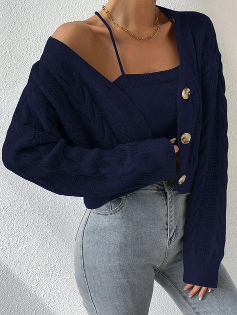 Navy Blue Casual Collar   Plain  Embellished Medium Stretch  Women Clothing Cardigan Azul, Navy Blue Outfit, Knitted Camisole, Drop Shoulder Cardigan, Rib Knit Cardigan, Pullover Outfit, Cardigan Crop, Co Ords, Women Sweater