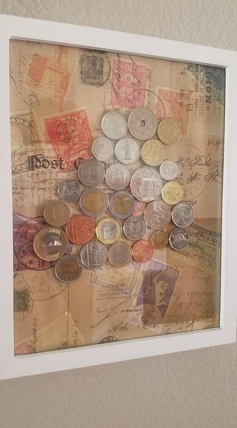 Old Coin Display Ideas, How To Display Foreign Currency, Art With Coins Ideas, Old Coins Craft Ideas, Coin Art Diy, Coin Frame Display Ideas, Display Coins From Travel, Old Coins Craft, Coins Art Ideas