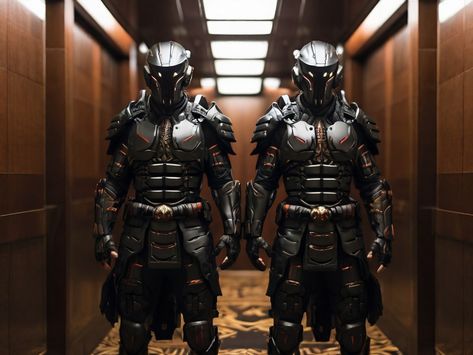 Check out this amazing concept art of two futuristic samurai warriors in tactical armor, standing in an elevator hallway. This image is full of details, colors, and atmosphere. If you love cyberpunk, fantasy, and martial arts, you will love this pin. 😍 Futuristic Samurai, Tactical Armor, Samurai Warriors, Samurai Warrior, Martial Arts, Cyberpunk, Hallway, Concept Art, Color