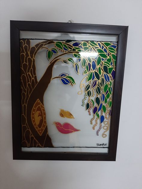 A painting made up on glass with glass and acrylic paint and 3d outliners. 3d Outliner Art, Cover Page For Project, Simple Paintings, Glass Painting Patterns, Glass Painting Designs, Types Of Colours, Glass Paint, Mirror Painting, Sketches Simple