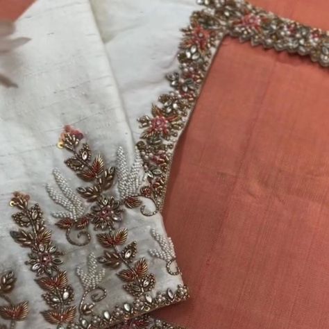 White Blouse Embroidery Designs, White Blouse Designs, Zardosi Work Blouse, Wedding Saree Blouse, Wedding Saree Blouse Designs, Maggam Works, Engagement Dress, Maggam Work Blouses, Unique Blouse Designs