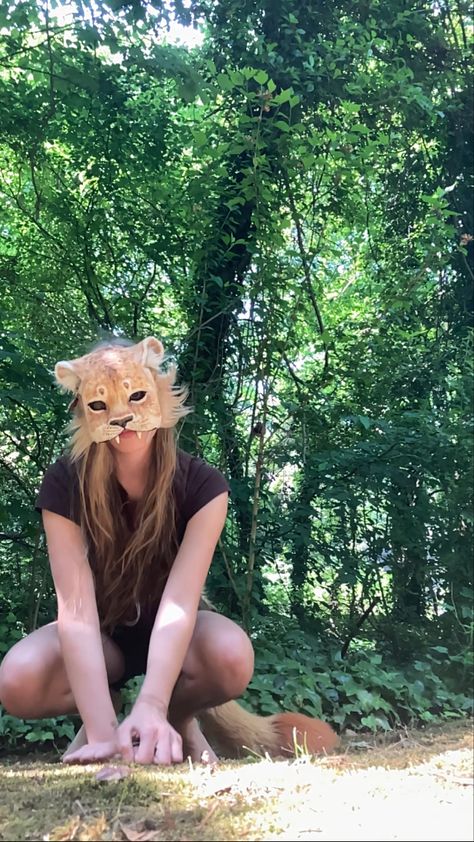 Lion, therian, otherkin, wild, feral, feline, nature, forest, mask, tail, gear, quadrobics, pose, sitting, animal, animalistic, realistic Lion Therian, Lion Therian Mask, Lion Mask, Body Base Drawing, Cat Mask, Cool Masks, Wings Of Fire, Cat Girl, Warrior Cats