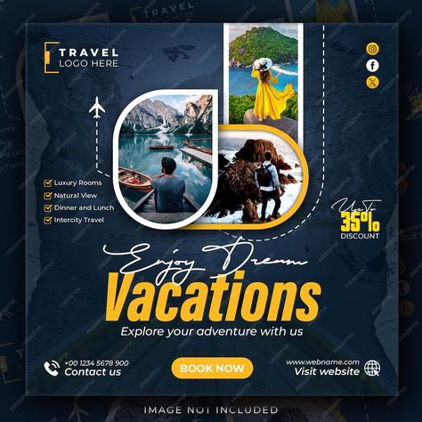 Premium PSD | Holiday travel tour package social media Instagram post Adventure square flyer web banner template Tourism Poster Design Graphics, Travel Flyer Design Creative, Travel Creative Ads, Story Web, Malaysia Tour, Tourism Poster, Media Poster, Social Media Poster, Travel Brochure