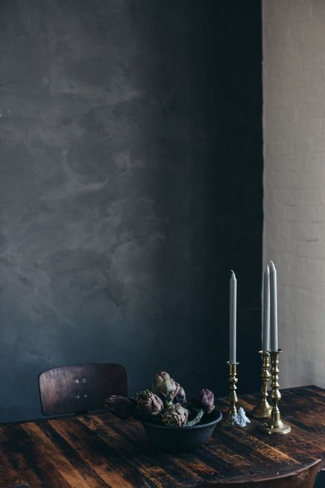 Kitchen of the Week: A Darkly Handsome Frama Kitchen in Berlin Black Chalk Paint Wall, Chalk Paint Wall, Marrakech Walls, Warm Dining Room, Limewash Walls, Black Painted Walls, Dramatic Walls, Charcoal Walls, Dwelling Place