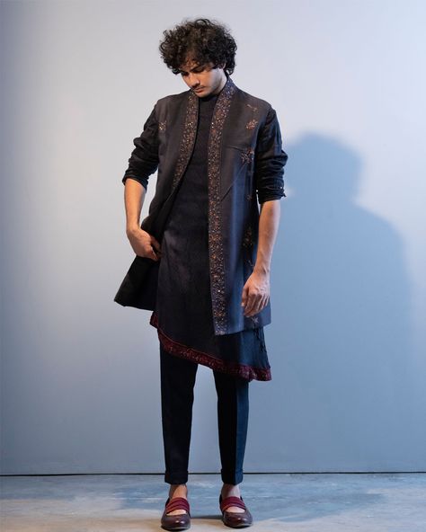 Paired with tone on tone Kurta and Trousers. Kurta Designs Men's, Jatin Malik, Blue Shrug, Sherwani For Men Wedding, Wedding Kurta For Men, Boys Kurta Design, Black Outfit Men, Kurta Men, Kurta Set For Men