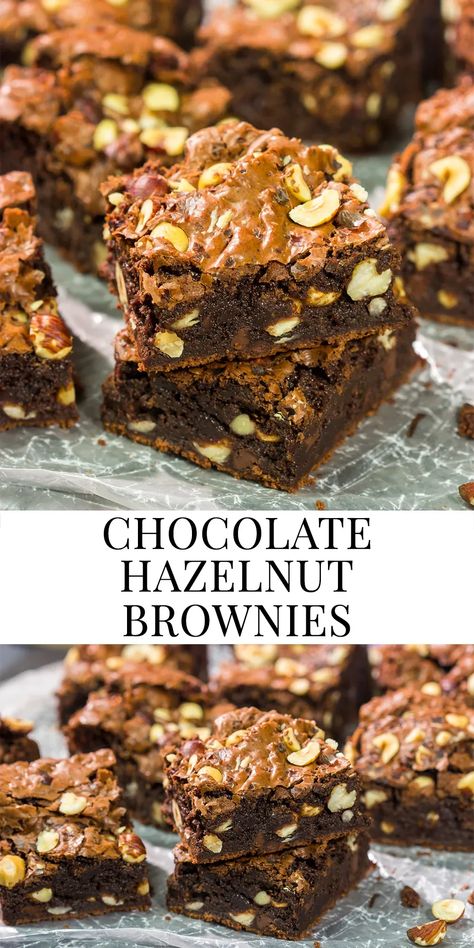 These chewy Chocolate Hazelnut Brownies include both Nutella and chopped hazelnuts - they're an easy and delicious sweet treat! Chocolate Hazelnut Brownies, Hazelnut Brownies Recipe, Dessert With Hazelnut, Chocolate Hazelnut Desserts, Fresh Hazelnut Recipes, Shelled Hazelnut Recipes, Recipes With Hazelnuts Easy, Roasted Hazelnut Recipes, Hazelnut Dessert Recipes