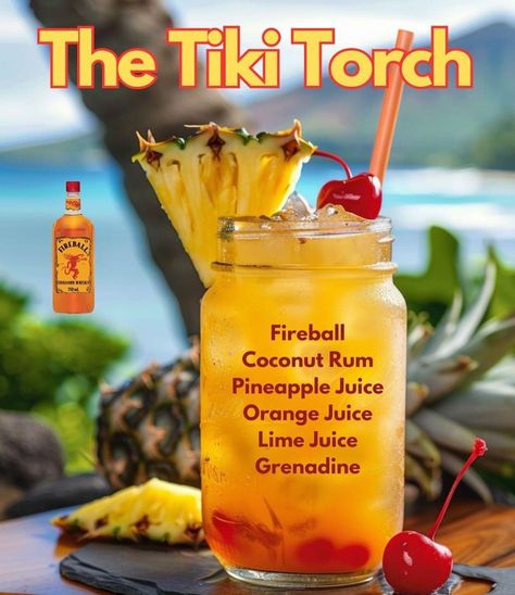 Tiki Torch Tiki Torch Drink, Summer Drinks Alcohol Recipes, Rum Drinks Recipes, Bartender Drinks Recipes, Bartender Drinks, Summer Drinks Alcohol, Liquor Recipes, Cocktail Drinks Alcoholic, Party Drinks Alcohol