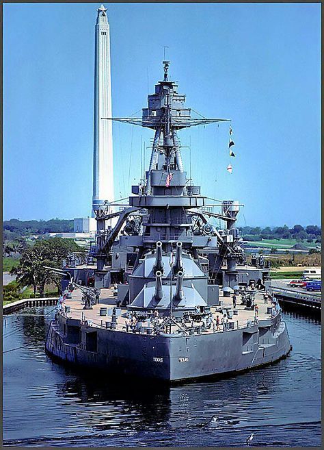 USS Texas with the San Jacinto monument in the background. San Jacinto Monument, Us Battleships, Uss Texas, Battle Ships, Go Navy, Capital Ship, Us Navy Ships, Aircraft Carriers, Naval Force