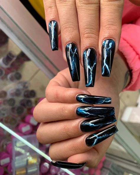 Gothic Nails Acrylic Coffin, Blue Black Acrylic Nails, Alt Nails Acrylics Simple, Black And Blue Acrylics, Black Lightning Nails, Black And Baby Blue Nails, Black And Blue Fire Nails, Black Blue Nails, Lighting Nails